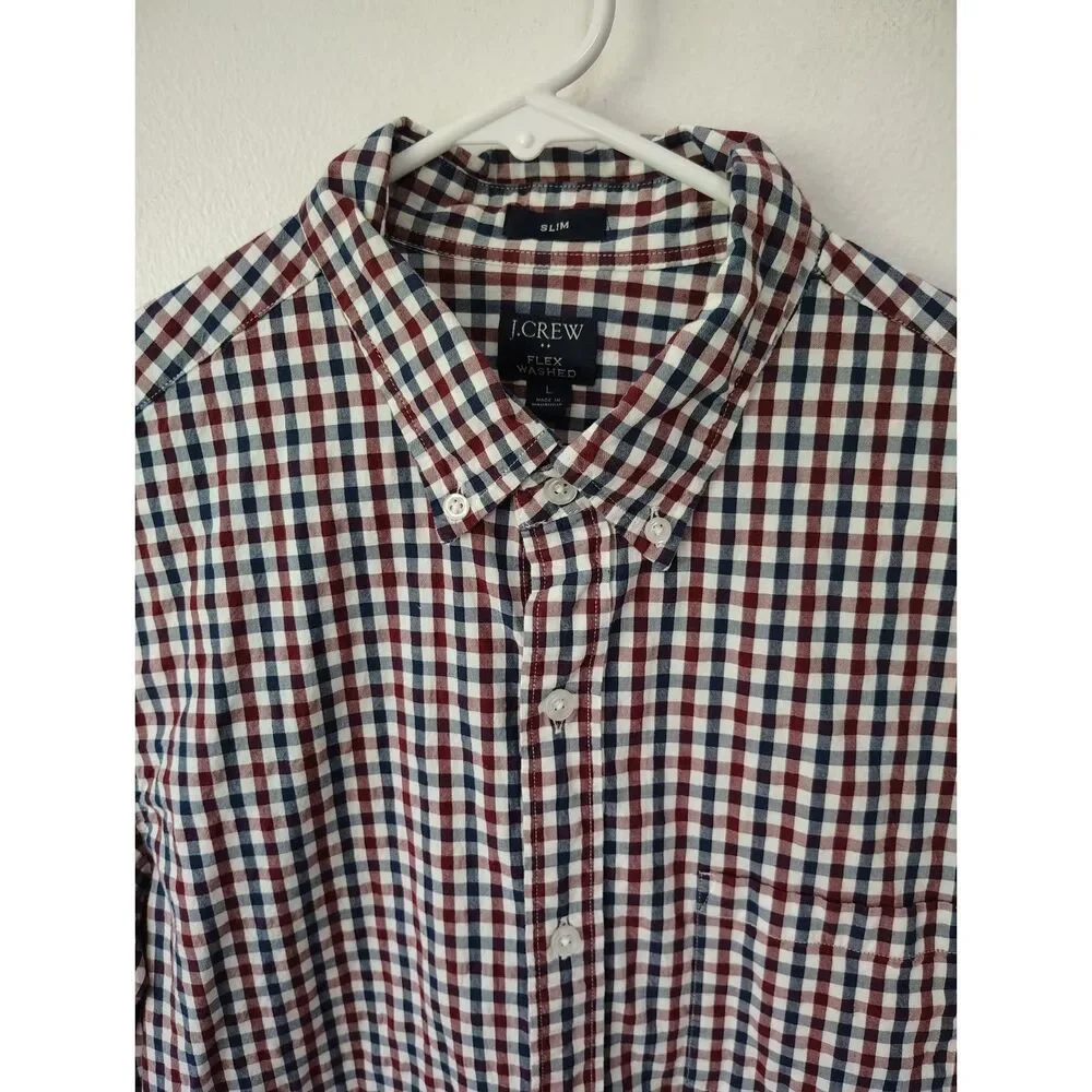 J.Crew Flex Washed Slim Gingham Button Down Shirt Men's Large Red Blue Cotton